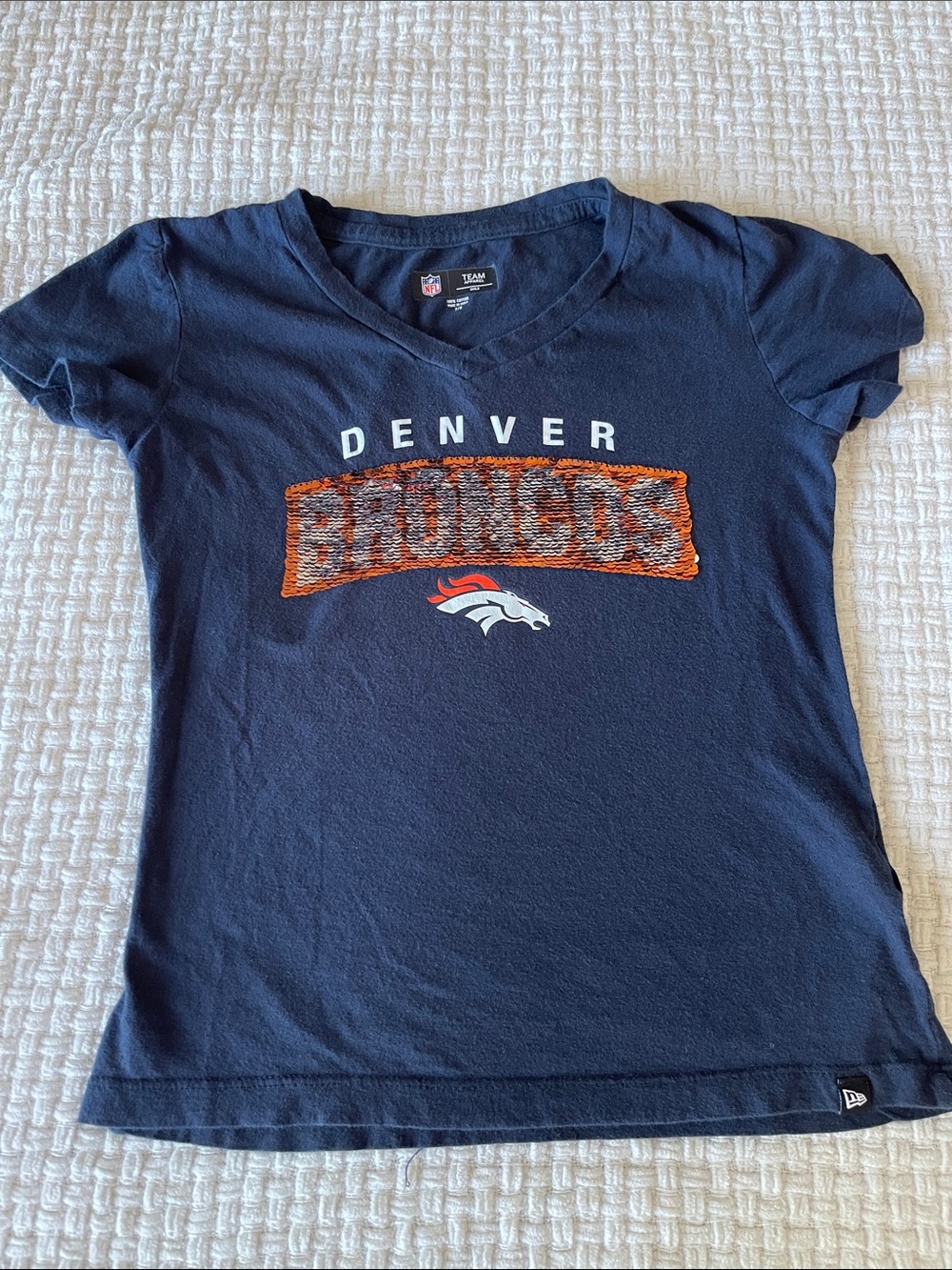 New Era Navy & Orange Denver Broncos Girls Sequin Logo Tee